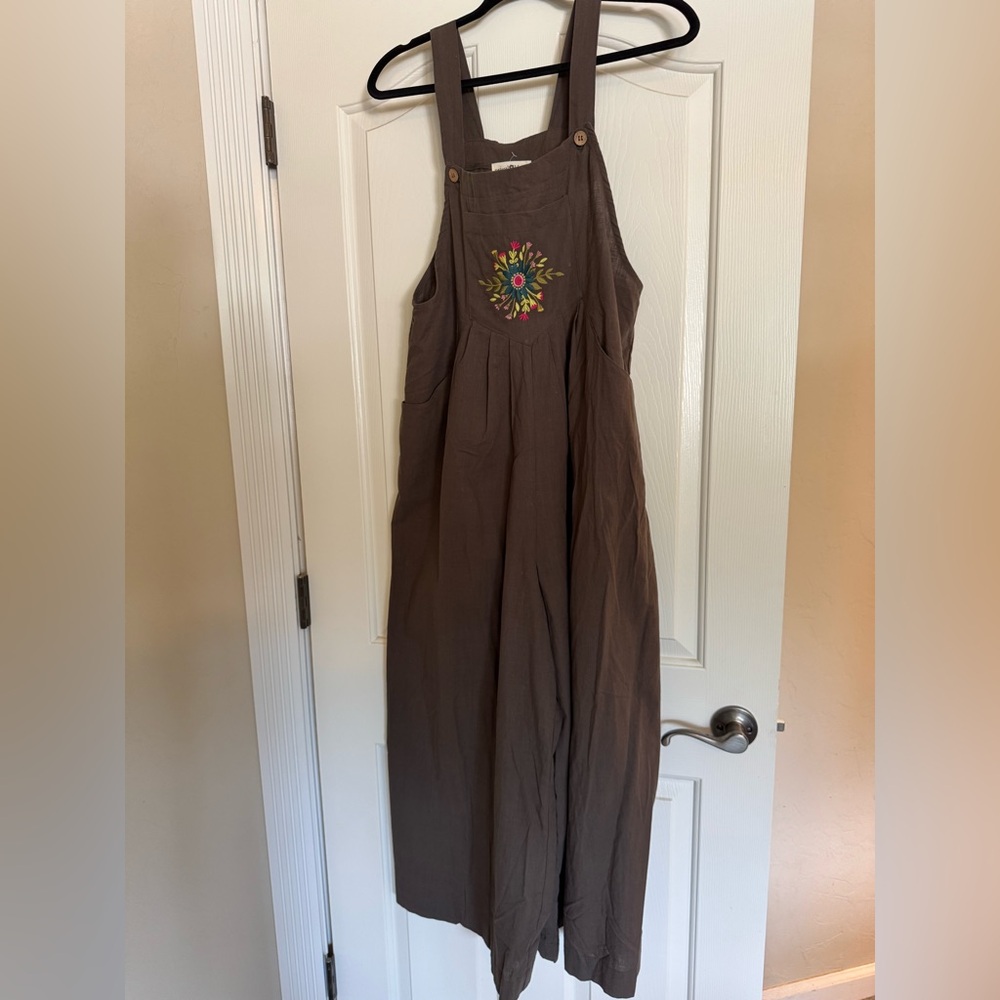 NATURAL LIFE Brown Overalls with Colorful Floral Design